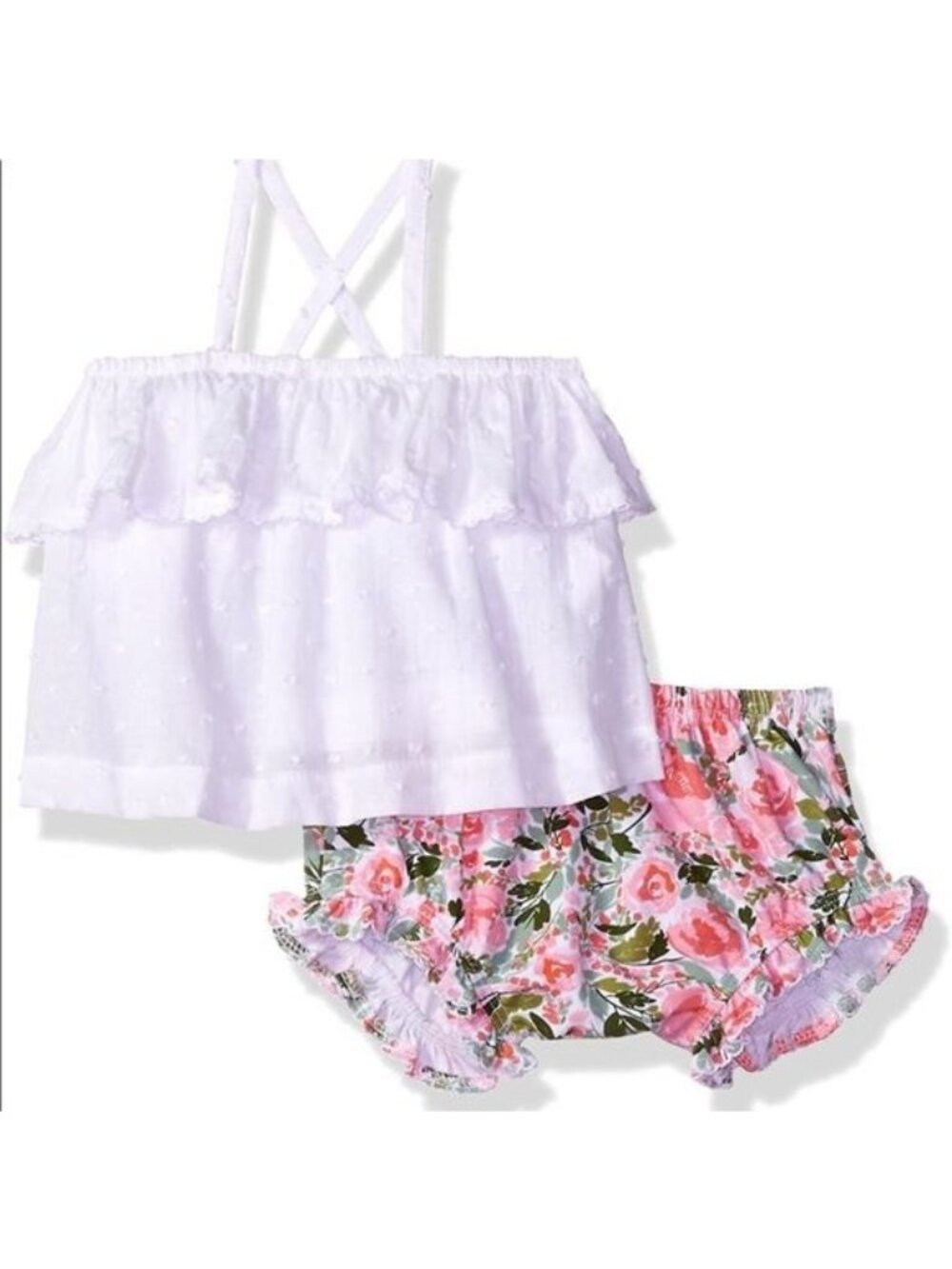 Mud Pie girls 0-3m white cotton dobby pinafore floral bloomer Set ruffle picot